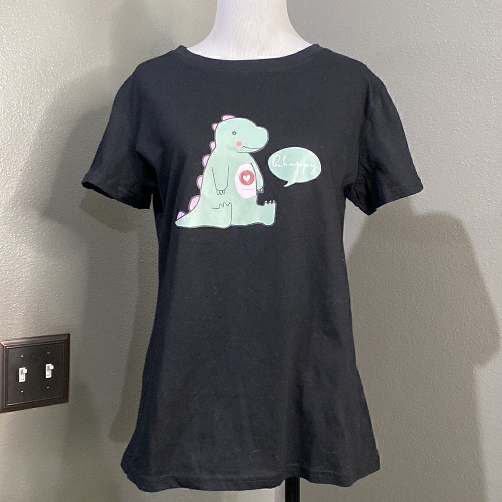 Shein Black Dinosaur Short Sleeve T-shirt Be Happy